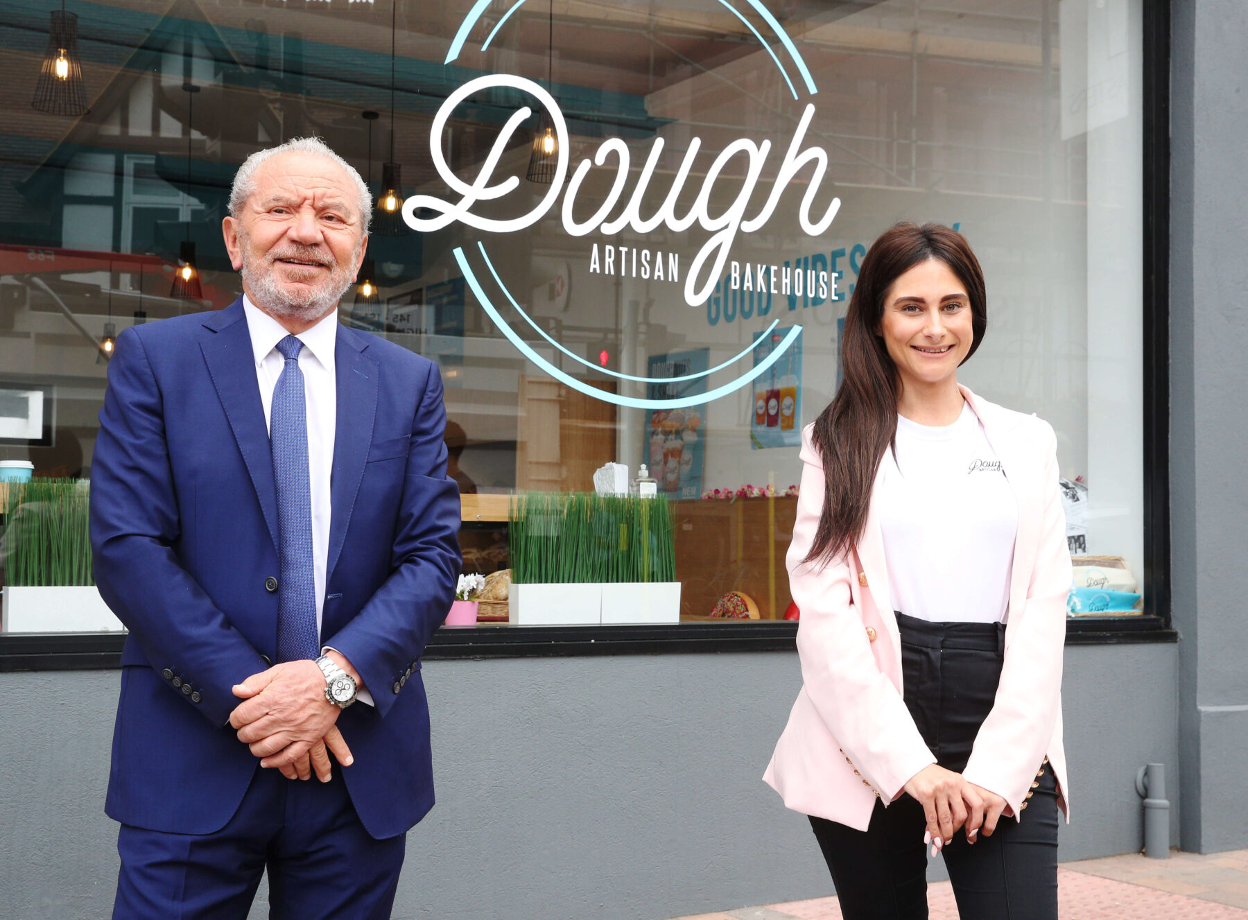 Carina Lepore with Lord Alan Sugar outside Dough Artisan bakehouse 2 scaled